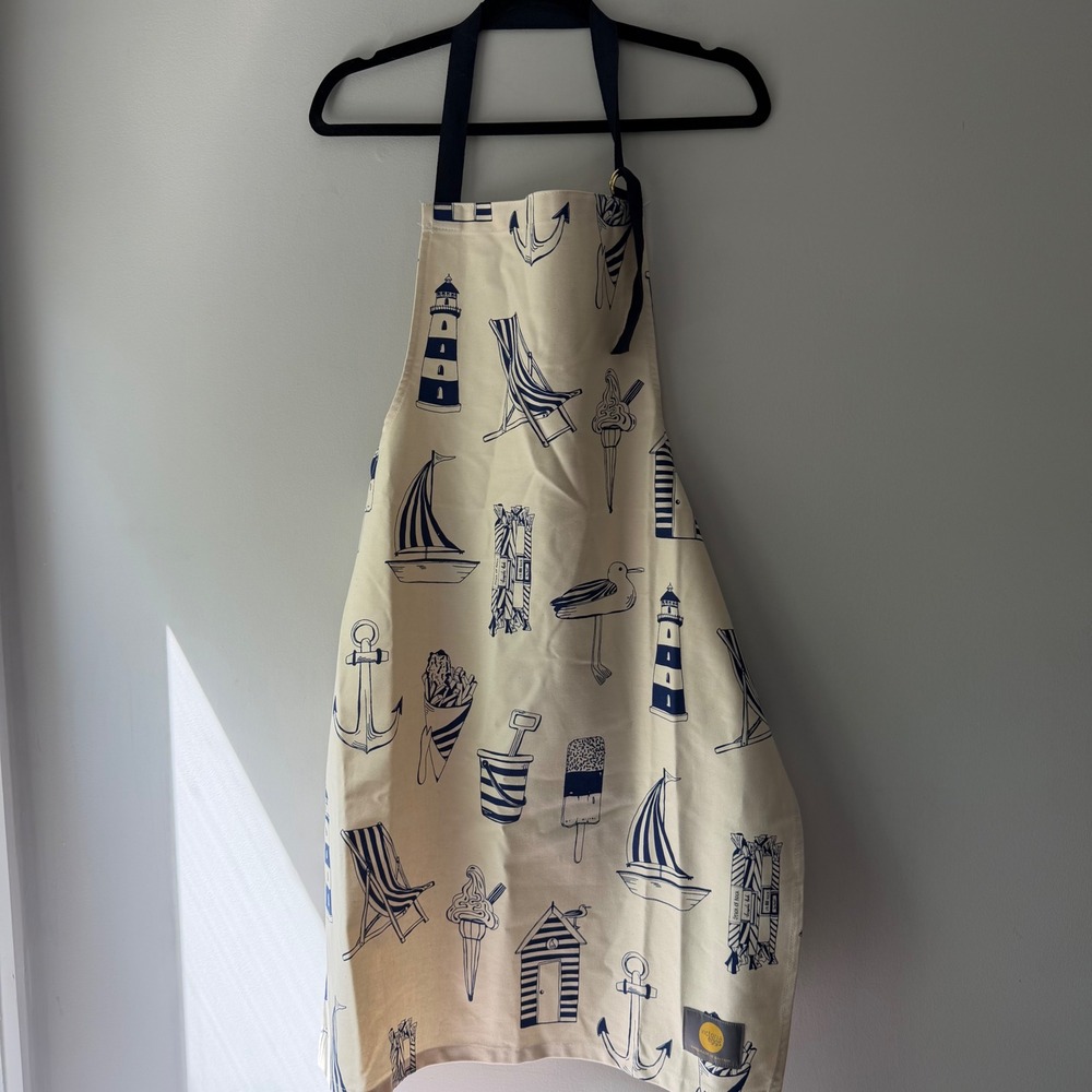 Victoria Eggs Seaside‎ Apron Unisex One Size Cream Navy Blue Excellent Nautical